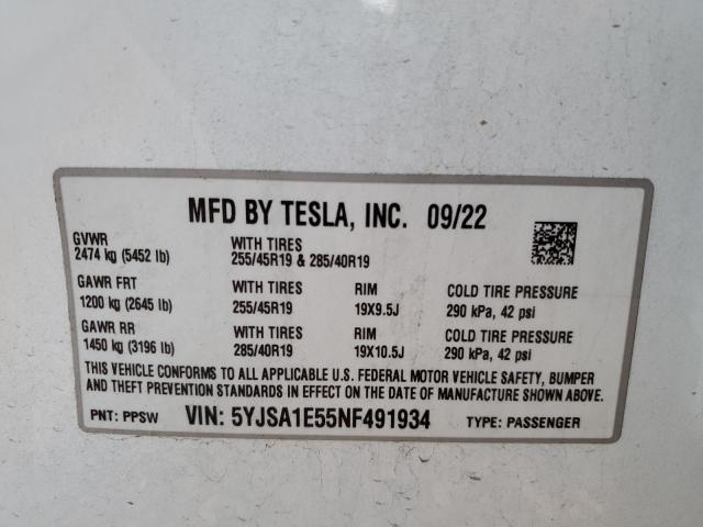 5YJSA1E55NF491934 - 2022 TESLA MODEL S WHITE photo 13