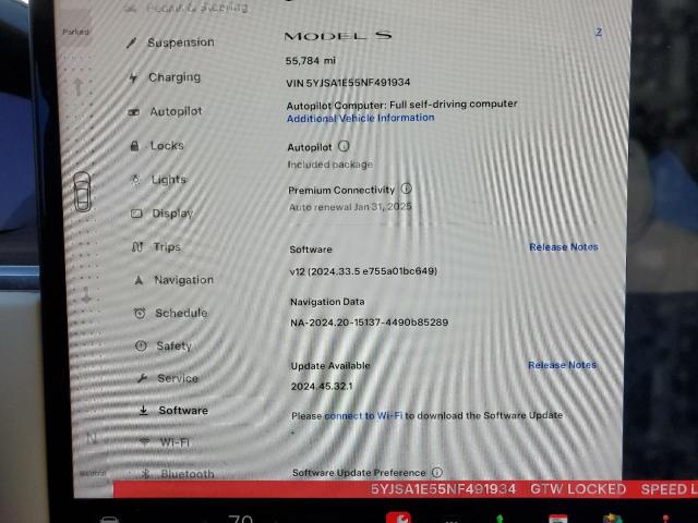 5YJSA1E55NF491934 - 2022 TESLA MODEL S WHITE photo 9