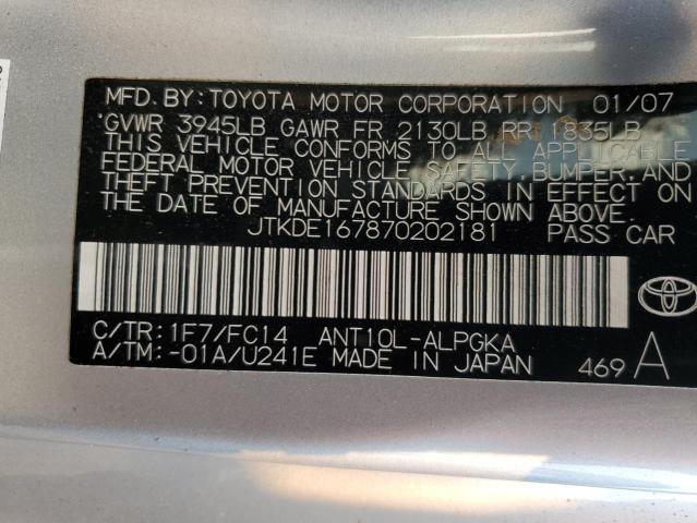 JTKDE167870202181 - 2007 TOYOTA SCION TC SILVER photo 12