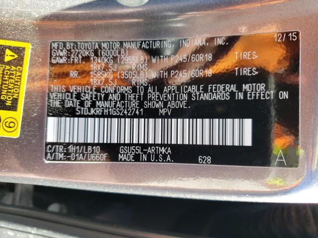 5TDJKRFH1GS242741 - 2016 TOYOTA HIGHLANDER XLE GRAY photo 14