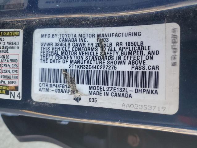 2T1KR32E44C227275 - 2004 TOYOTA COROLLA MA XR BLUE photo 12