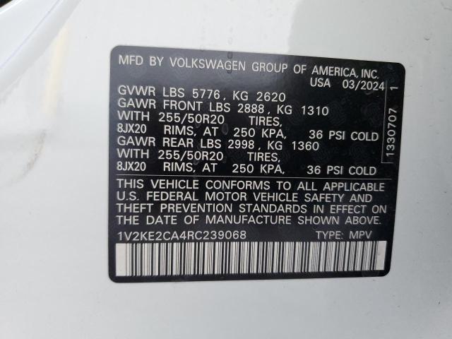 1V2KE2CA4RC239068 - 2024 VOLKSWAGEN ATLAS CROS SE WHITE photo 13
