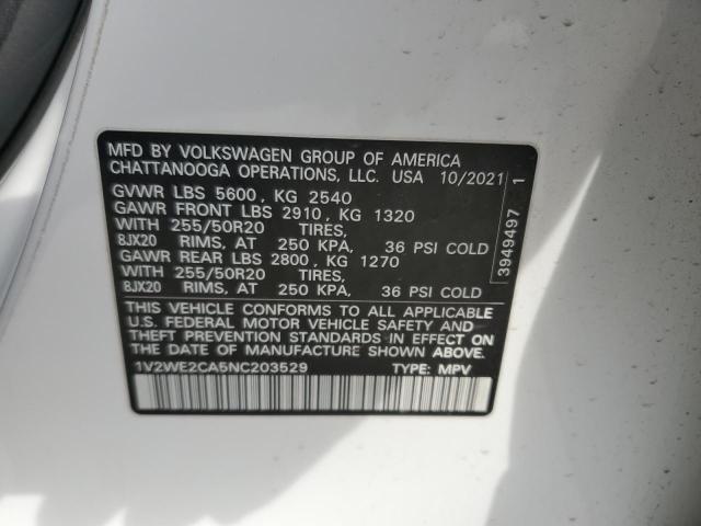 1V2WE2CA5NC203529 - 2022 VOLKSWAGEN ATLAS CROS SE WHITE photo 12