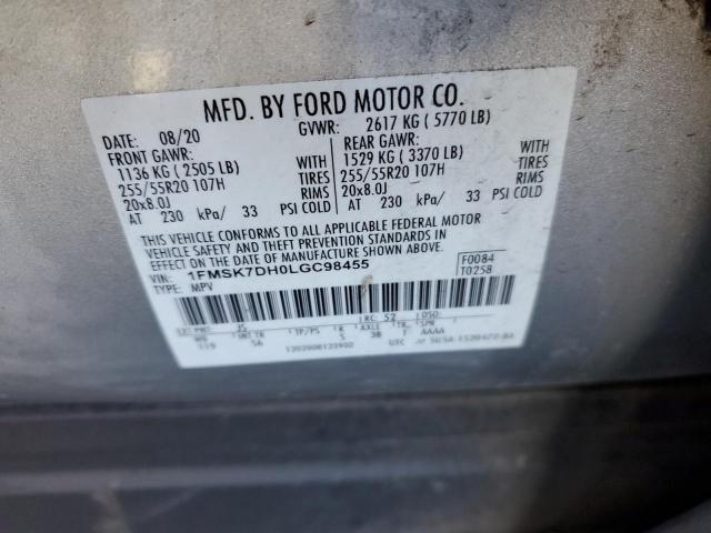 1FMSK7DH0LGC98455 - 2020 FORD EXPLORER XLT فضي صورة 13