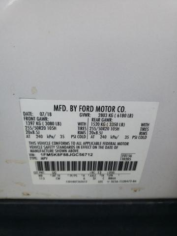 1FM5K8F88JGC56712 - 2018 FORD EXPLORER LIMITED თეთრი ფოტო 13