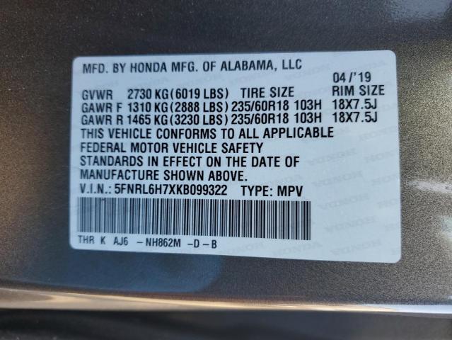 5FNRL6H7XKB099322 - 2019 HONDA ODYSSEY EXL Մոխրագույն լուսանկար 13