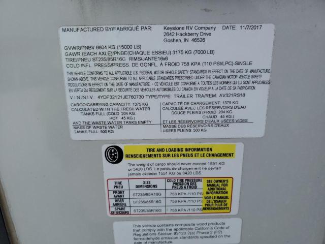 4YDF32121JE760730 - 2018 KEYSTONE AVALANCHE ორფეროვანი ფოტო 10