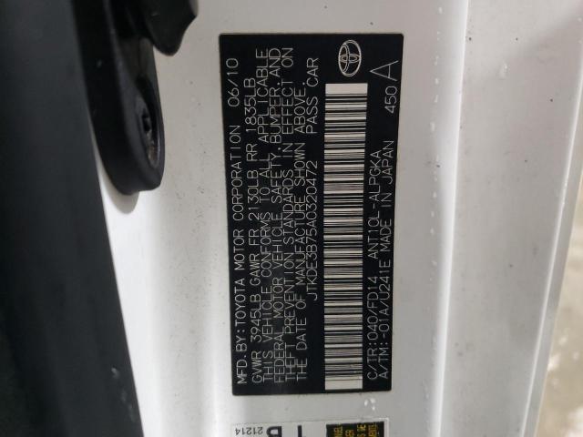 JTKDE3B75A0320472 - 2010 TOYOTA SCION TC თეთრი ფოტო 12