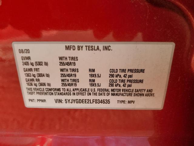 5YJYGDEE2LF034635 - 2020 TESLA MODEL Y RED photo 12
