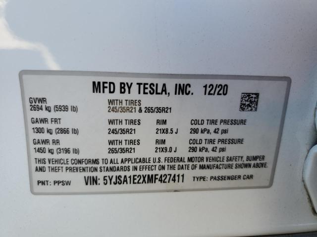5YJSA1E2XMF427411 - 2021 TESLA MODEL S WHITE photo 12