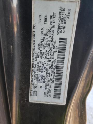 5TESN92N03Z227524 - 2003 TOYOTA TACOMA XTRACAB PRERUNNER შავი ფოტო 12