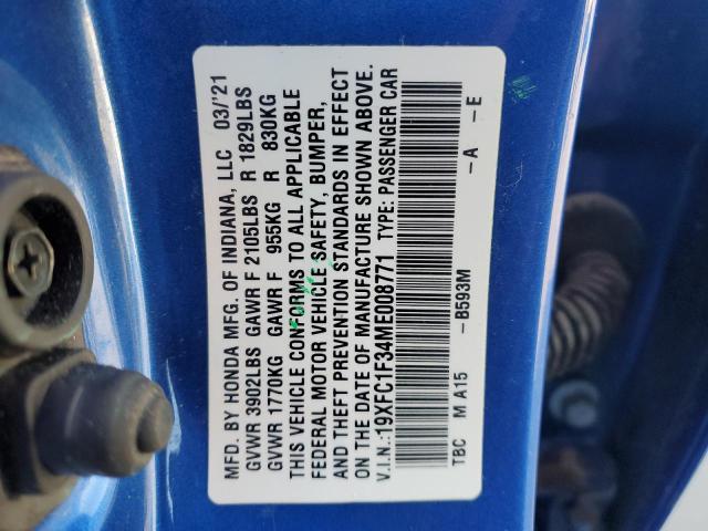 19XFC1F34ME008771 - 2021 HONDA CIVIC EX BLUE photo 13