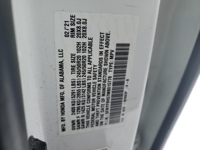 5FNYF8H57MB015778 - 2021 HONDA PASSPORT EXL WHITE photo 12