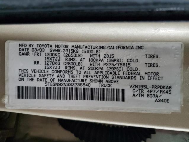 5TEGN92N33Z236840 - 2003 TOYOTA TACOMA DOUBLE CAB PRERUNNER TAN photo 12