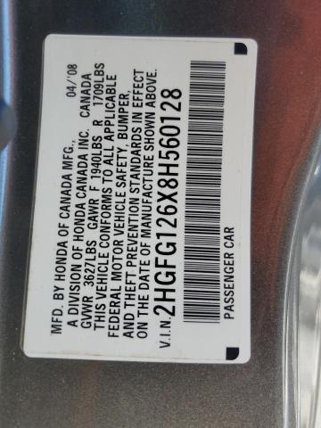 2HGFG126X8H560128 - 2008 HONDA CIVIC LX GRAY photo 12