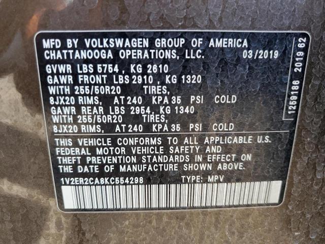 1V2ER2CA8KC554298 - 2019 VOLKSWAGEN ATLAS SEL BROWN photo 13