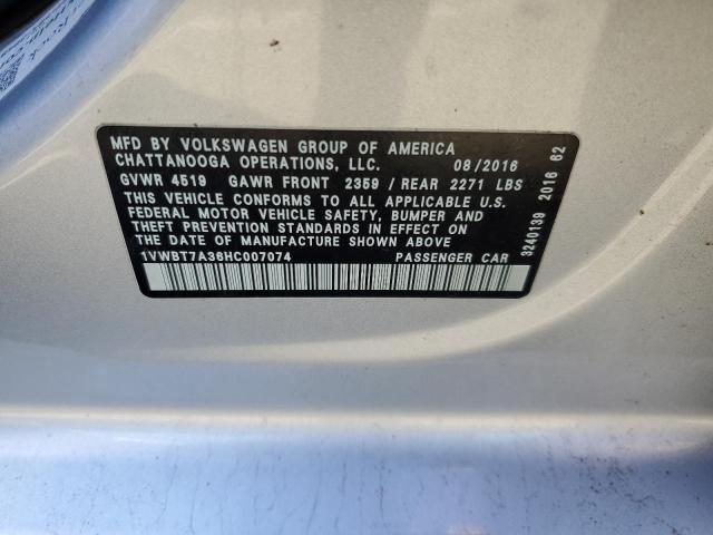 1VWBT7A36HC007074 - 2017 VOLKSWAGEN PASSAT SE SILVER photo 12