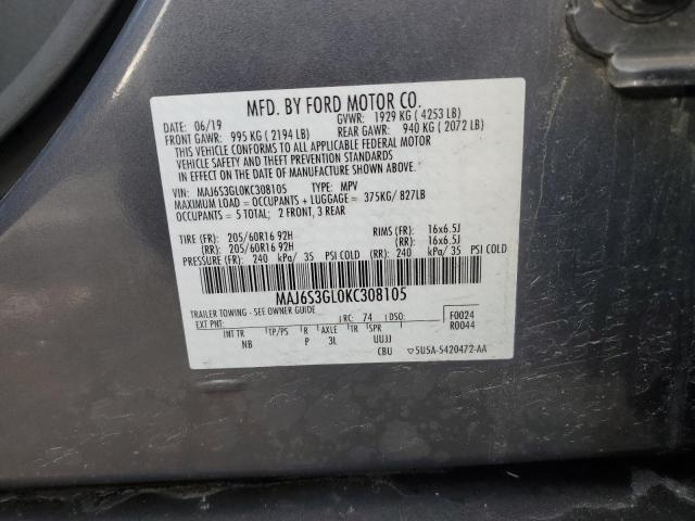 MAJ6S3GL0KC308105 - 2019 FORD ECOSPORT SE ნაცრისფერი ფოტო 13