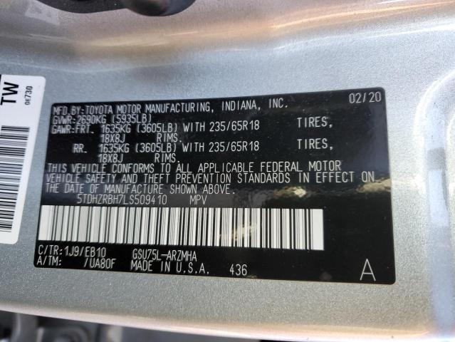 5TDHZRBH7LS509410 - 2020 TOYOTA HIGHLANDER XLE SILVER photo 13