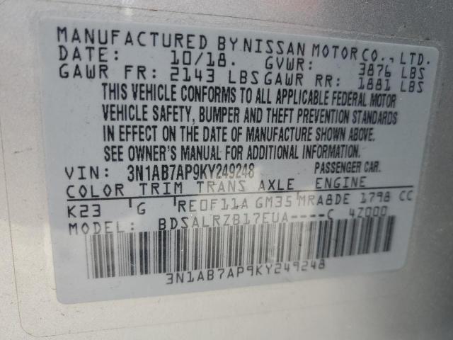 3N1AB7AP9KY249248 - 2019 NISSAN SENTRA S SILVER photo 12
