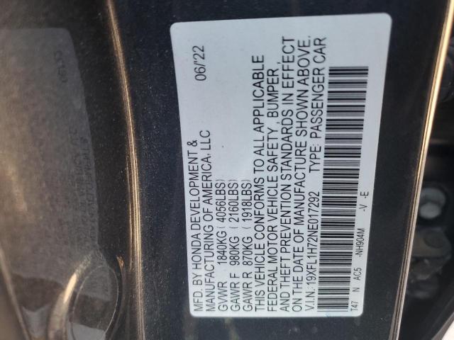 19XFL1H72NE017292 - 2022 HONDA CIVIC EXL ნაცრისფერი ფოტო 12