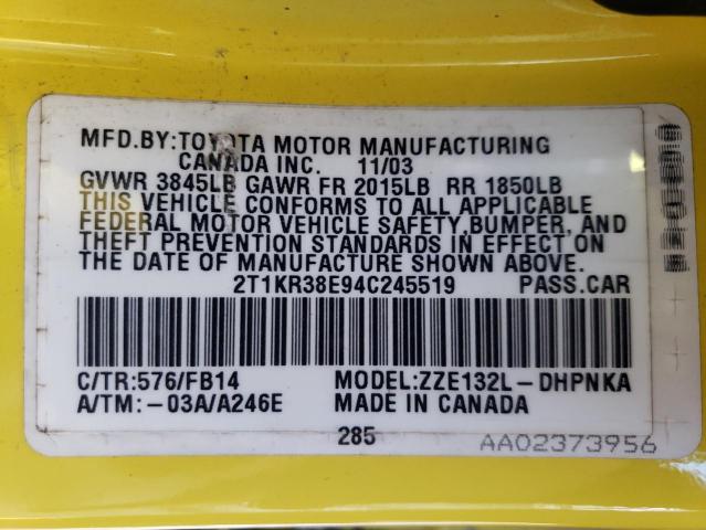 2T1KR38E94C245519 - 2004 TOYOTA COROLLA MA XR YELLOW photo 12