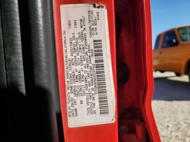 5TEGN92N22Z137912 - 2002 TOYOTA TACOMA DOUBLE CAB PRERUNNER RED photo 12