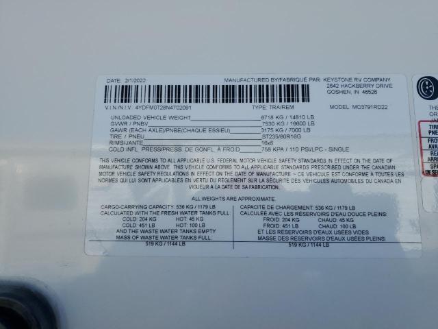 4YDFM0T28N4702091 - 2022 KEYSTONE TRAILER CREAM photo 10