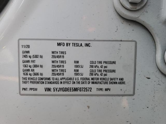 5YJYGDEE5MF072572 - 2021 TESLA MODEL Y أبيض صورة 12