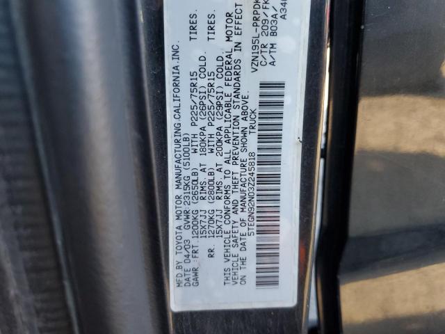 5TEGN92N03Z245818 - 2003 TOYOTA TACOMA DOUBLE CAB PRERUNNER BLACK photo 12