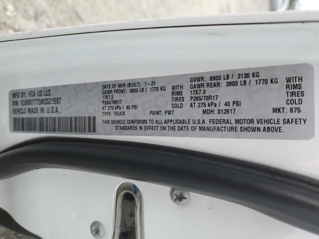 1C6RR7TT5MS521597 - 2021 RAM 1500 CLASS SLT თეთრი ფოტო 12