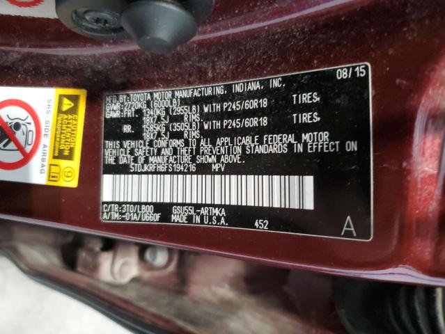 5TDJKRFH6FS194216 - 2015 TOYOTA HIGHLANDER XLE BURGUNDY photo 13