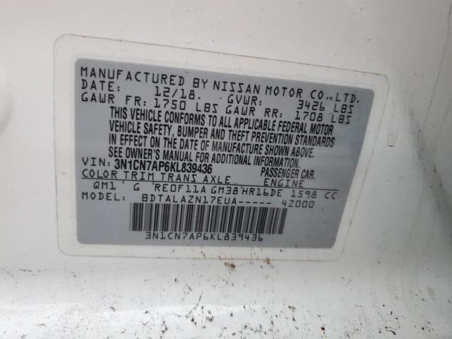 3N1CN7AP6KL839436 - 2019 NISSAN VERSA S WHITE photo 12