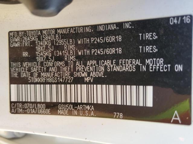 5TDKKRFH8GS147727 - 2016 TOYOTA HIGHLANDER XLE WHITE photo 13