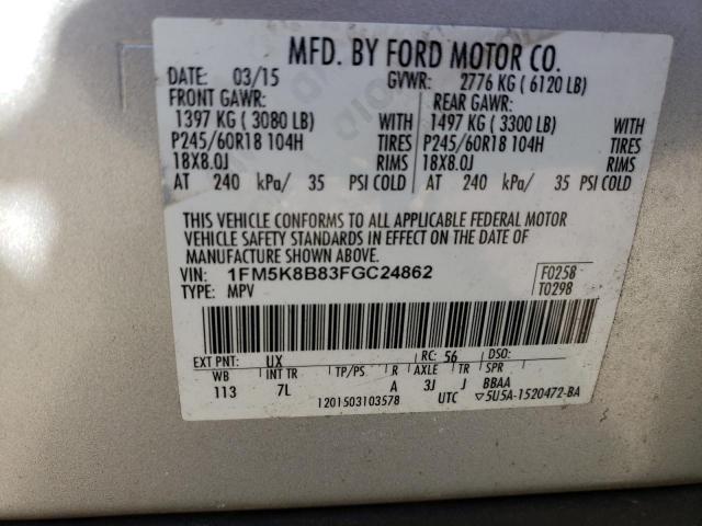 1FM5K8B83FGC24862 - 2015 FORD EXPLORER SILVER photo 13