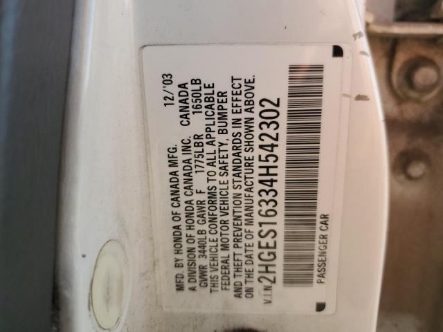2HGES16334H542302 - 2004 HONDA CIVIC DX VP თეთრი ფოტო 12