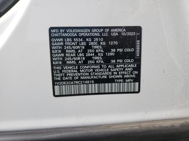 1V2DE2CA7RC214819 - 2024 VOLKSWAGEN ATLAS CROS SE WHITE photo 13
