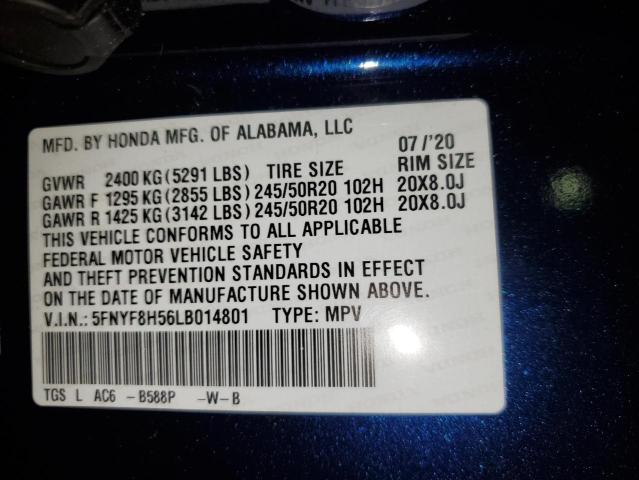 5FNYF8H56LB014801 - 2020 HONDA PASSPORT EXL BLUE photo 13