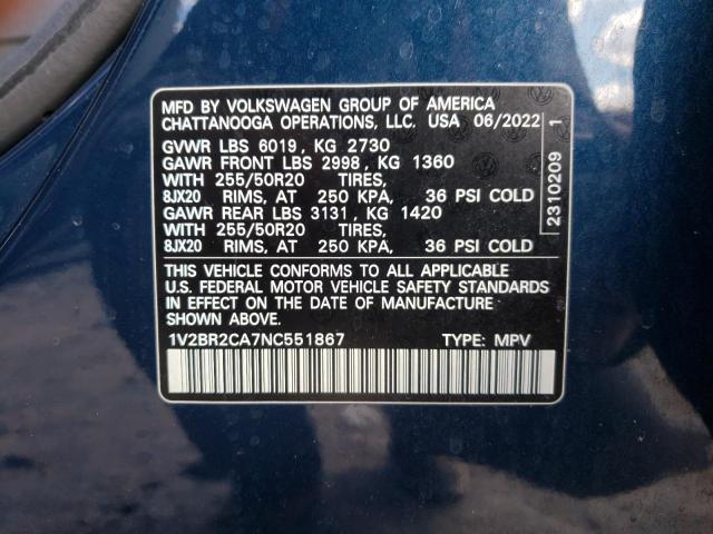 1V2BR2CA7NC551867 - 2022 VOLKSWAGEN ATLAS SEL BLUE photo 14
