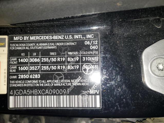 4JGDA5HBXCA090091 - 2012 MERCEDES-BENZ ML 350 4MATIC BLACK photo 13