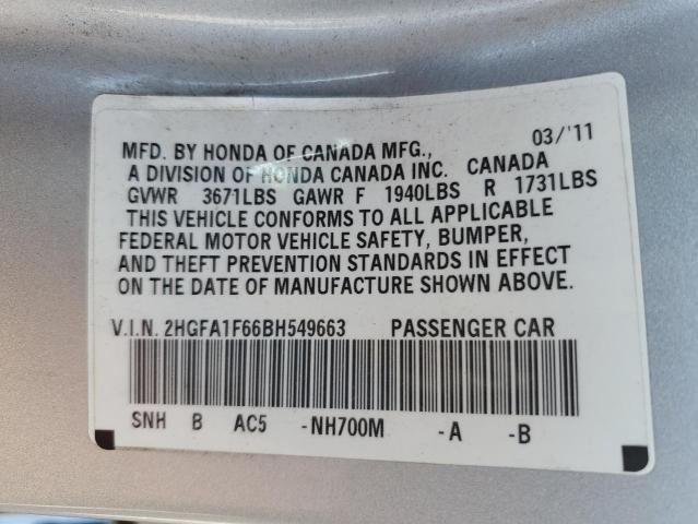 2HGFA1F66BH549663 - 2011 HONDA CIVIC LX-S ვერცხლისფერი ფოტო 12