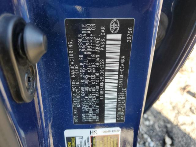4T1BE46K29U381359 - 2009 TOYOTA CAMRY BASE BLUE photo 12
