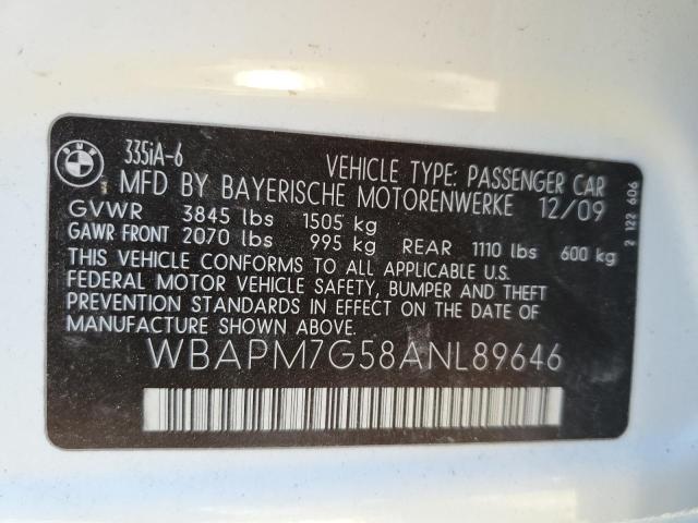 WBAPM7G58ANL89646 - 2010 BMW 3 SERIES I WHITE photo 12
