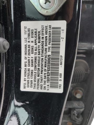 19XFB2F93DE000626 - 2013 HONDA CIVIC EXL შავი ფოტო 12