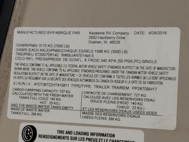 4YDT26722HT410811 - 2017 KEYSTONE PASSPORT BEIGE photo 10