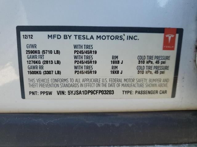 5YJSA1DP9CFP03203 - 2012 TESLA MODEL S WHITE photo 12