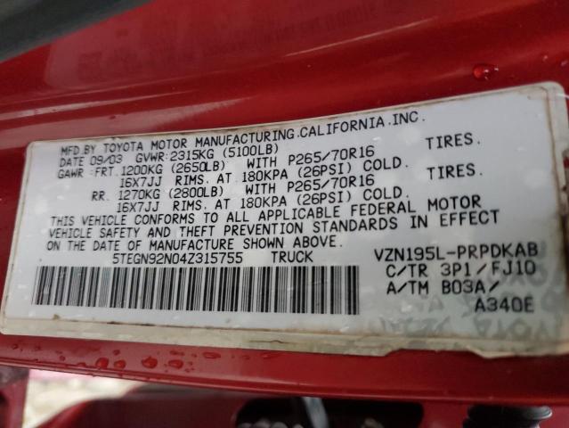 5TEGN92N04Z315755 - 2004 TOYOTA TACOMA DOUBLE CAB PRERUNNER RED photo 12