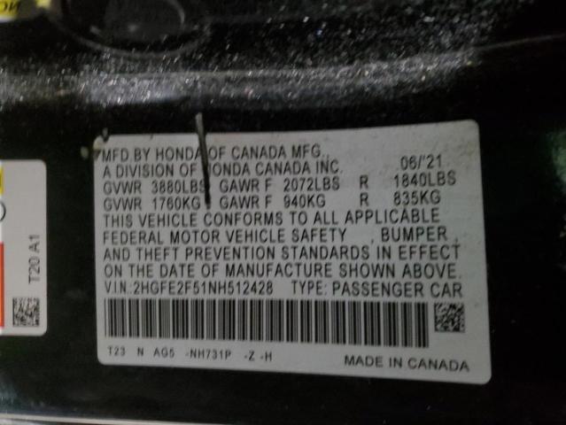 2HGFE2F51NH512428 - 2022 HONDA CIVIC SPORT 黑色 照片 12
