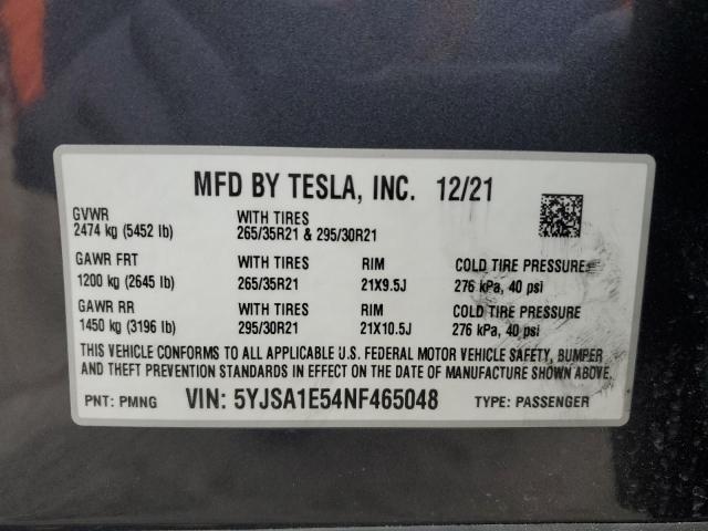 5YJSA1E54NF465048 - 2022 TESLA MODEL S SILVER photo 12