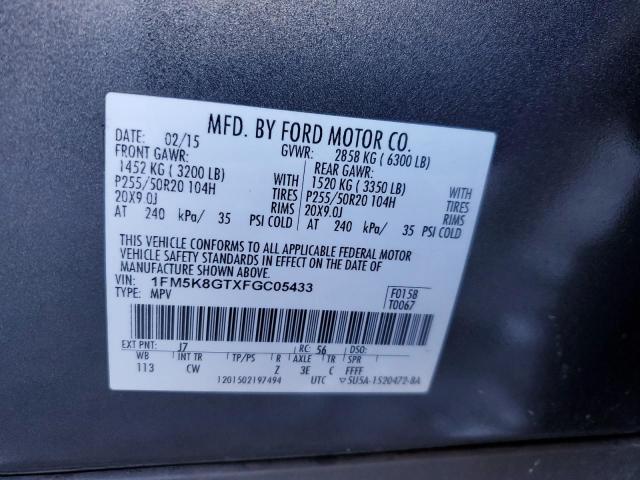 1FM5K8GTXFGC05433 - 2015 FORD EXPLORER SPORT ნაცრისფერი ფოტო 13